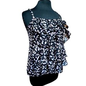 Ruffled Black & White Animal-Print Spaghetti-Strap Camisole